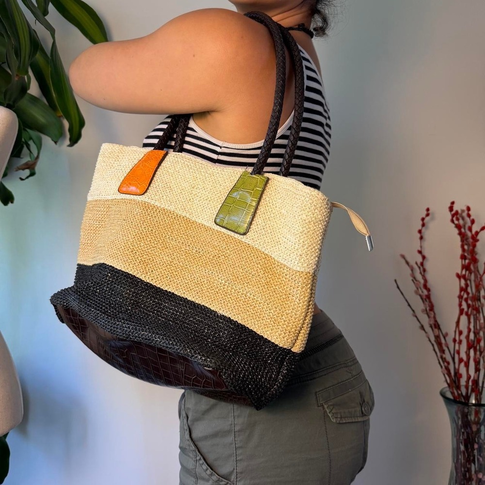 Boho Woven Straw Beach Bag Tote Vacation Summer Striped Tan Black Multi